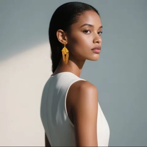 New Modern Geometric Flower Chain Dangle Earrings - Picture 2 of 6